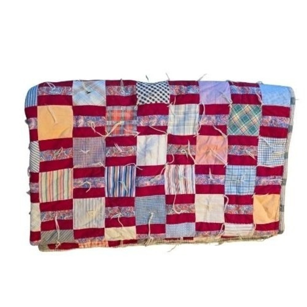 Vintage Handmade Patchwork Tied Quilt Red Multi Color Scrap Cotton 81x65 Folk